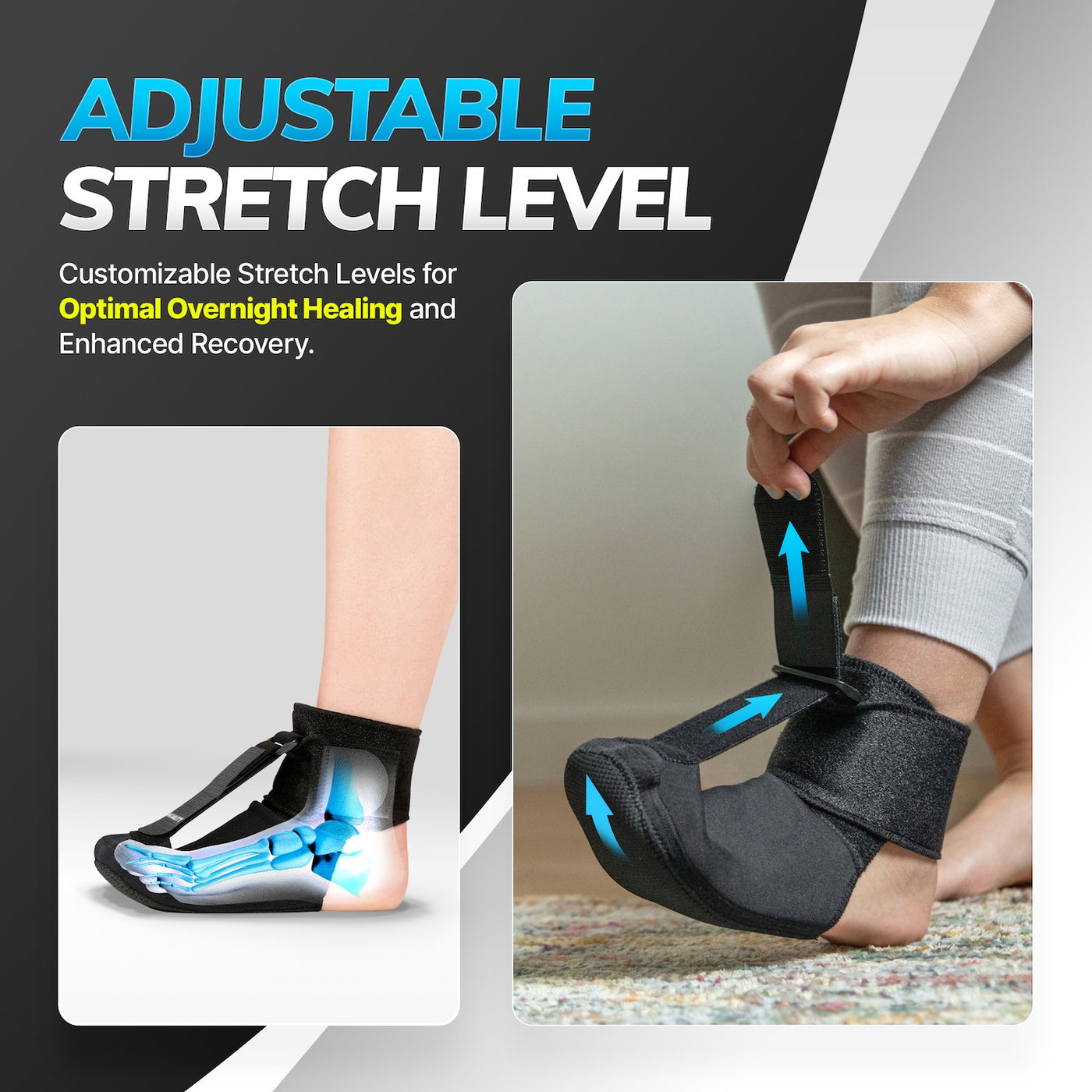 Our adjustable plantar fasciitis brace stretches your toes