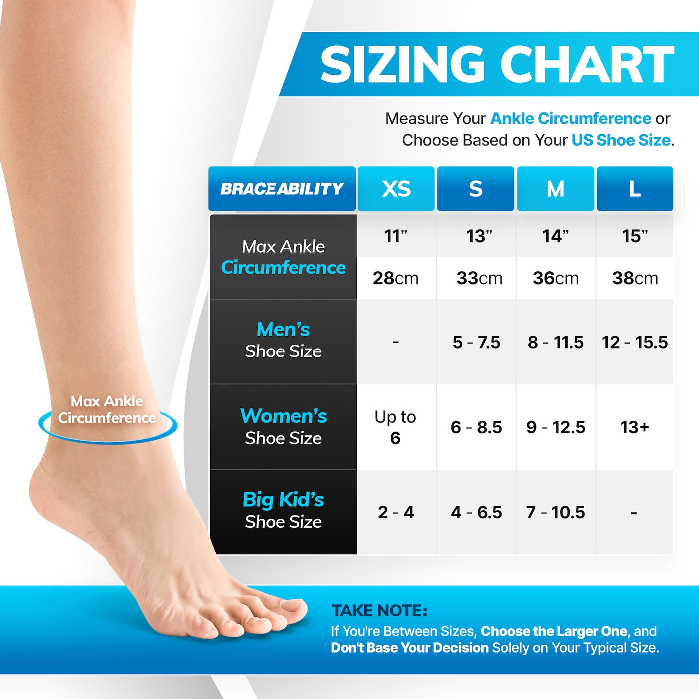 The sizing chart for the plantar fasciitis relief sock comes in 4 sizes fitting men, women, and children