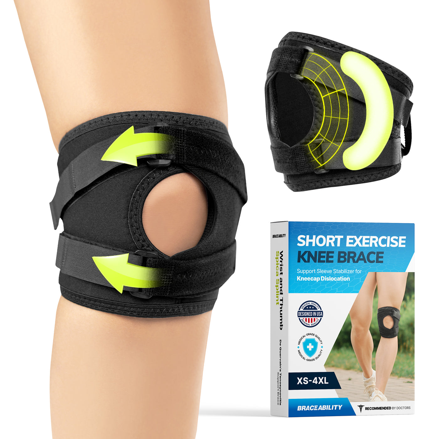 Short and lightweight patella tracking brace for runner's kneecap pain, dislocation, and subluxation