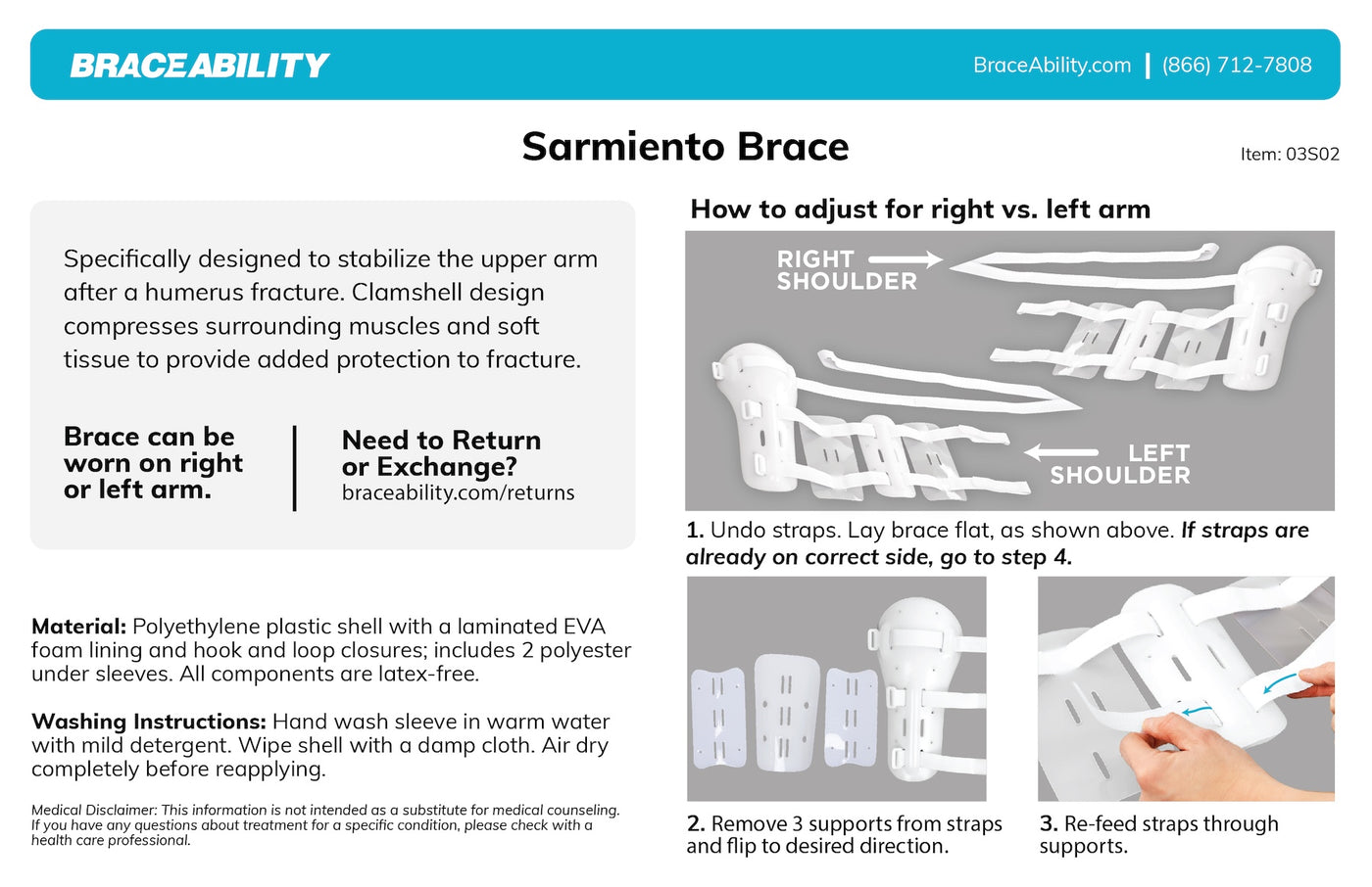 instruction sheet for how to adjust the sarmiento brace for left or right shoulder