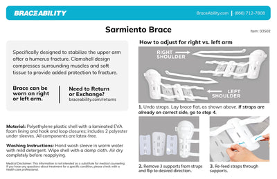 instruction sheet for how to adjust the sarmiento brace for left or right shoulder