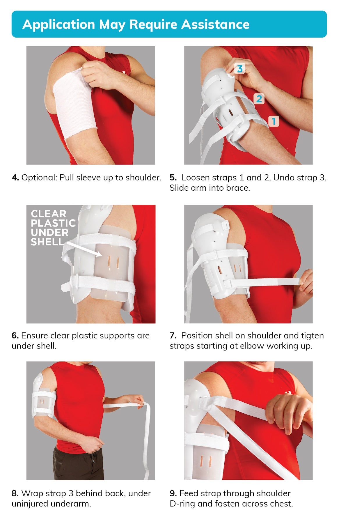 instruction sheet for how to put on the BraceAbility Sarmiento Brace