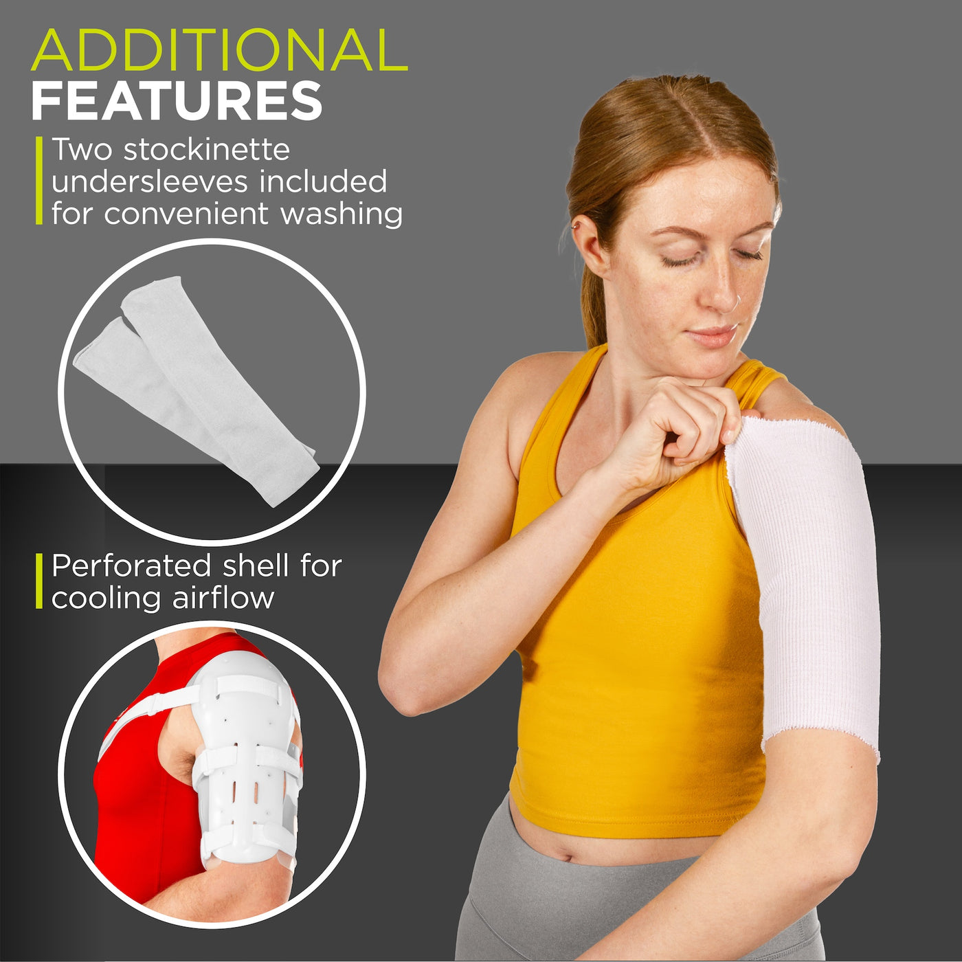 Our shoulder splint for humeral fractures comes with washable undersleeves and a breathable shell