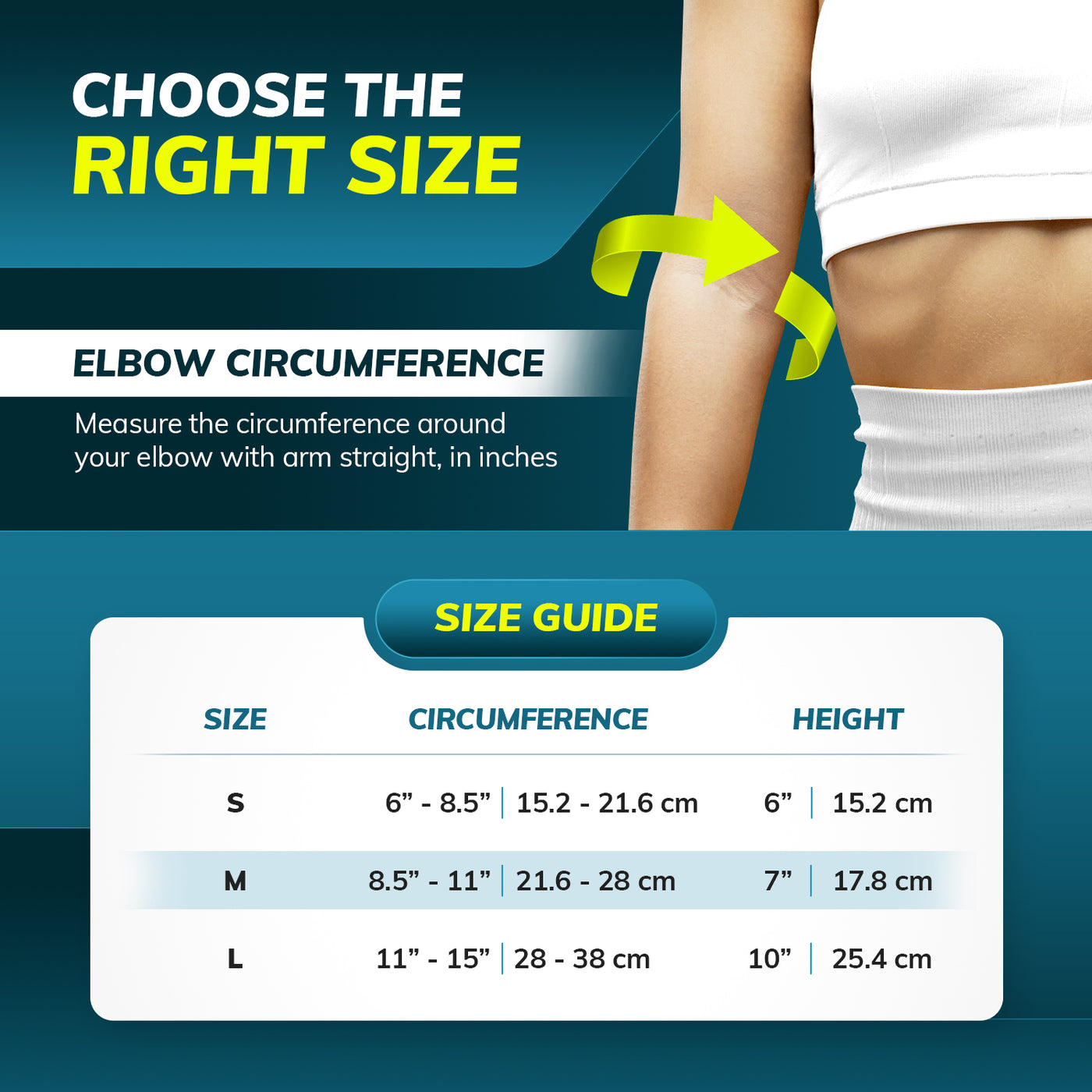 Sizing chart for Adult elbow restraint. Available in sizes S-L.