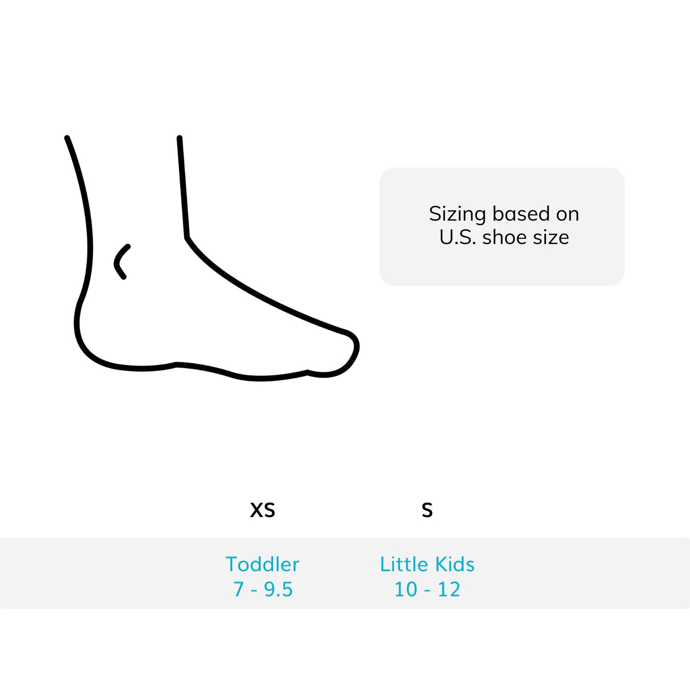 the sizing chart for the toe walking brace comes in sizes xs through s fitting toddlers and young children