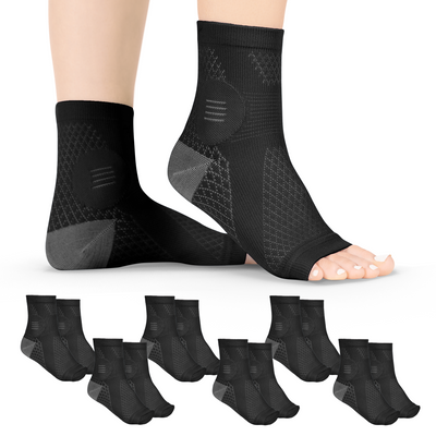 six pairs of the braceability compression neuropathy socks in a black color