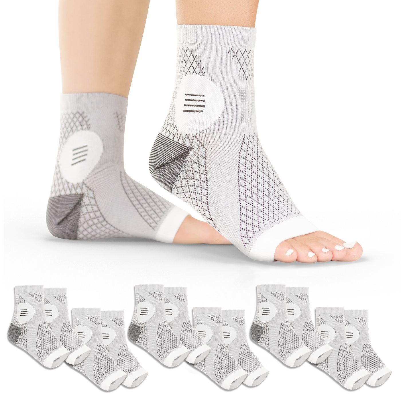 six pairs of the braceability compression neuropathy socks in a gray color