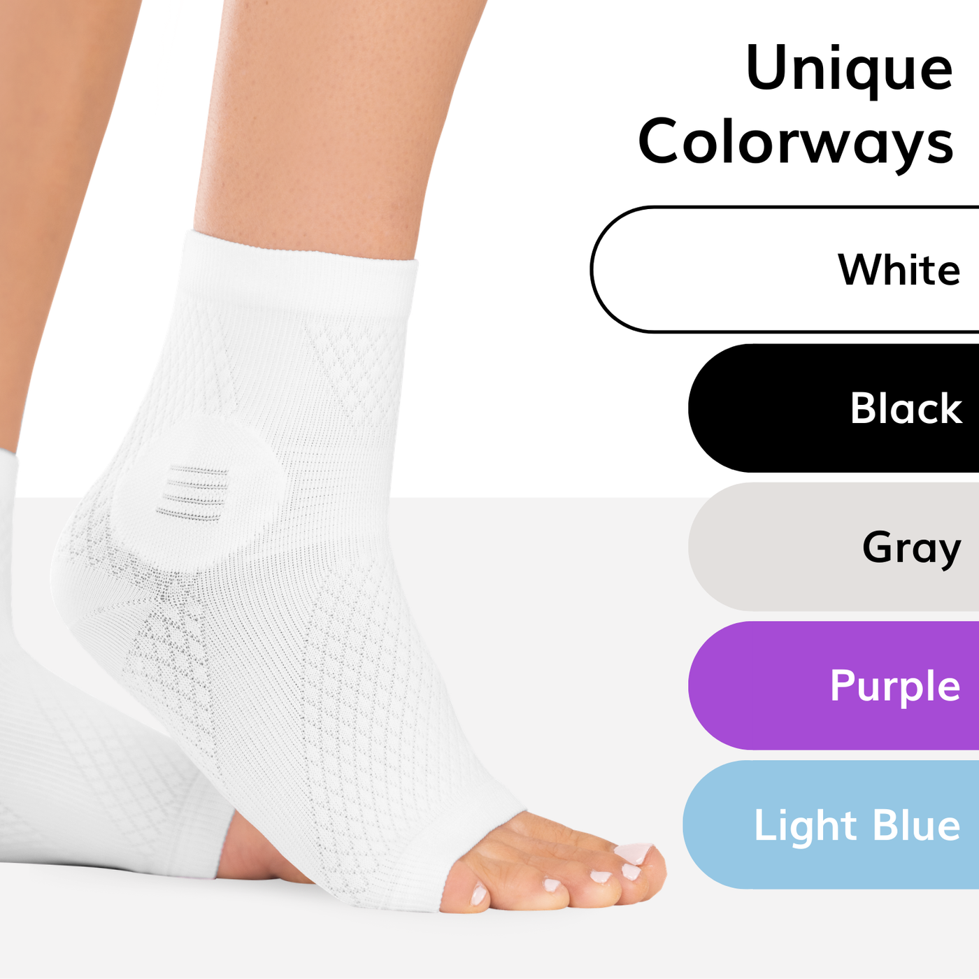 The braceability neuropathy compression socks come in three unique colors, light blue, black, gray, white, and purple