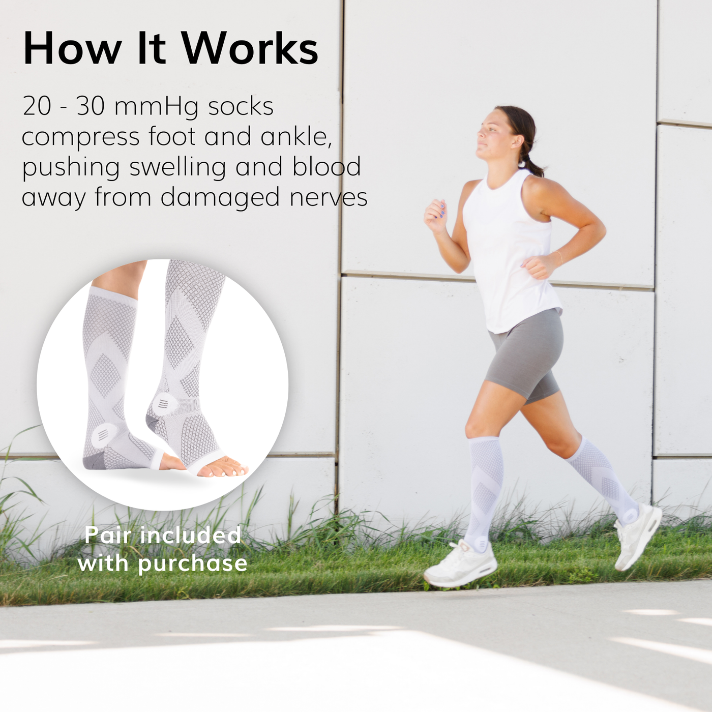 Our neuropathy compression socks give twenty to thirty mmhg compression to foot and ankle pushing swelling and blood away from damaged nerves