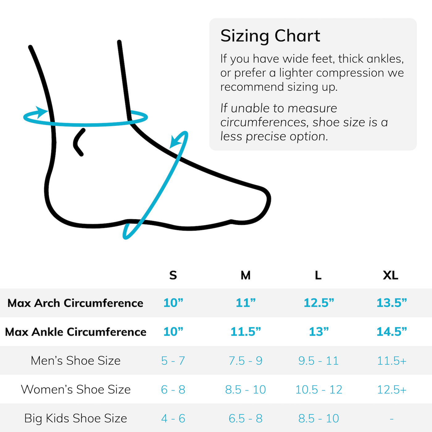 The sizing chart for our compression toeless socks for foot pain come in four sizes up to size 12