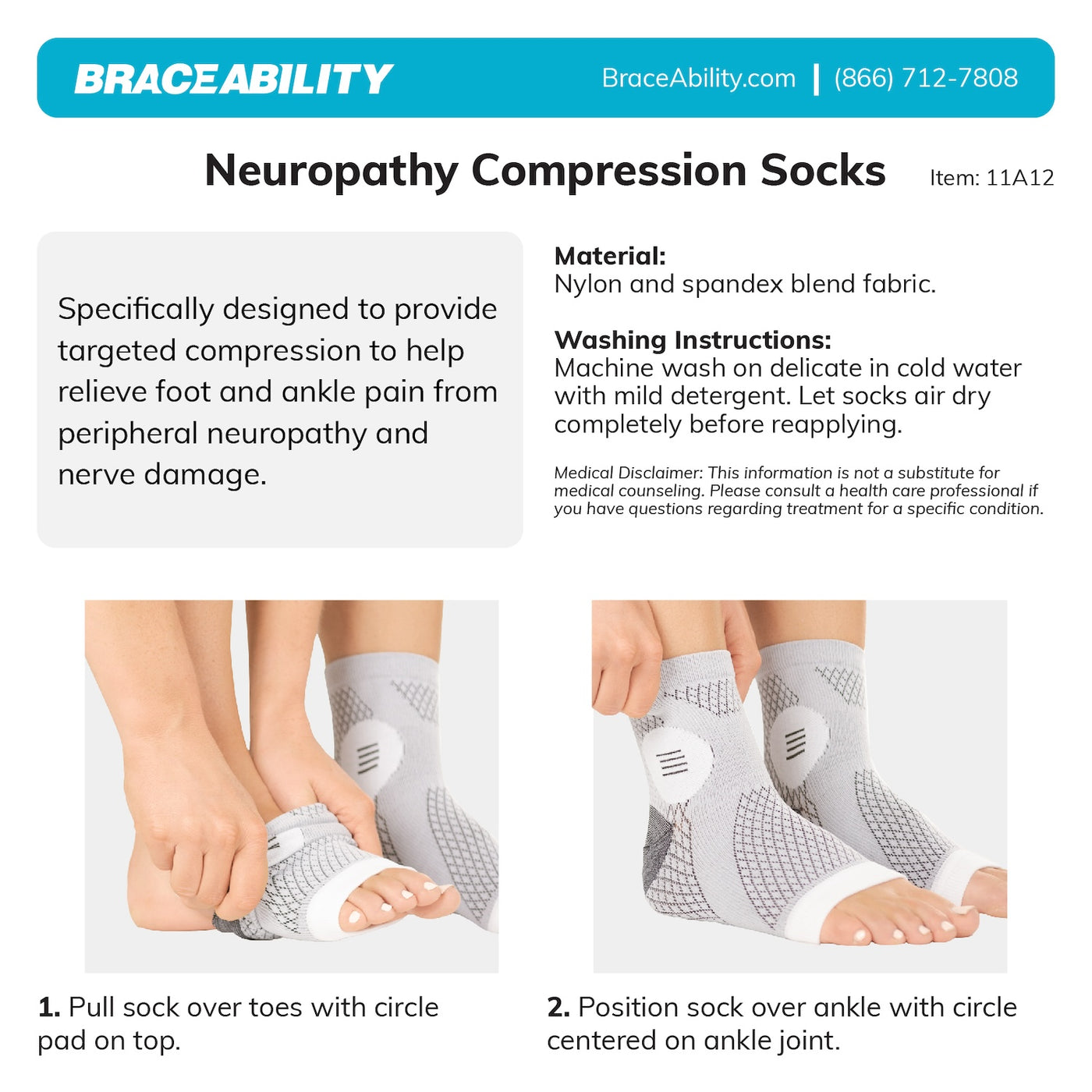 To put on the neuropathy compression socks, slide over toes and center on ankle