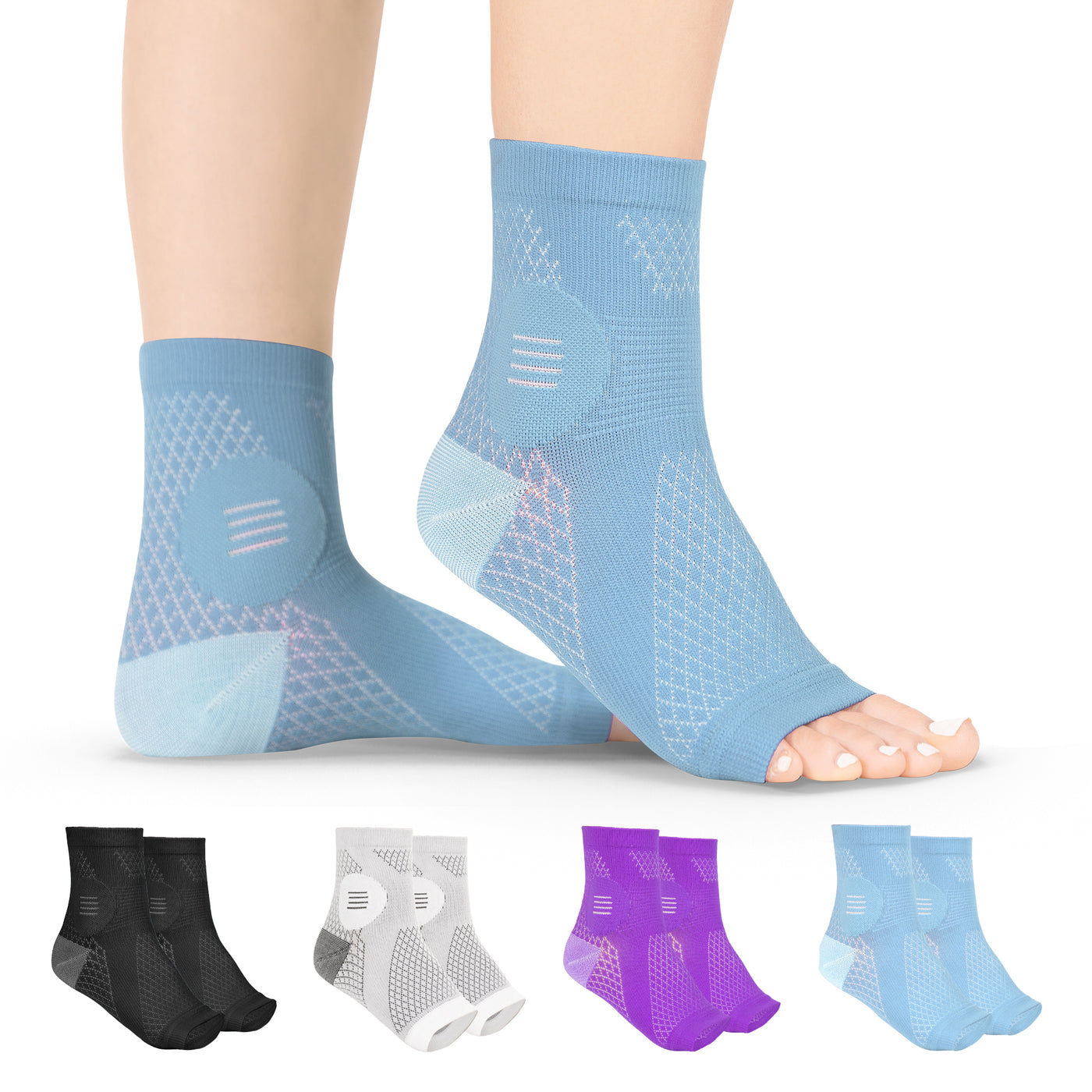 The BraceAbility light blue compression neuropathy socks give quick relief from painful peripheral neuropathy and nerve damage with these socks for diabetic foot pain.