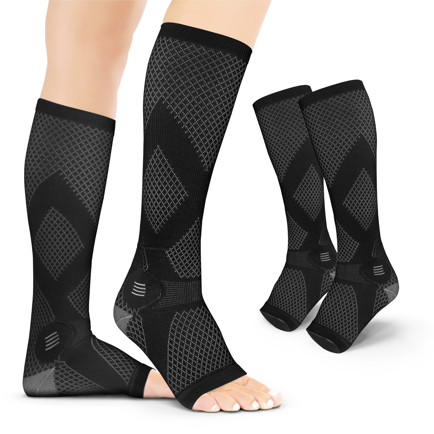 BraceAbility tall black toeless neuropathy socks for men and women offer relief from diabetic and peripheral foot pain, ideal for sleeping.