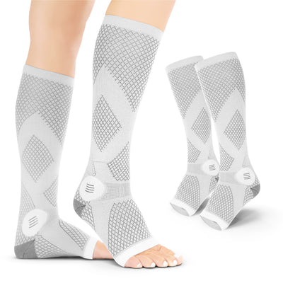 BraceAbility tall toeless neuropathy socks for men and women offer relief from diabetic and peripheral foot pain, ideal for sleeping.