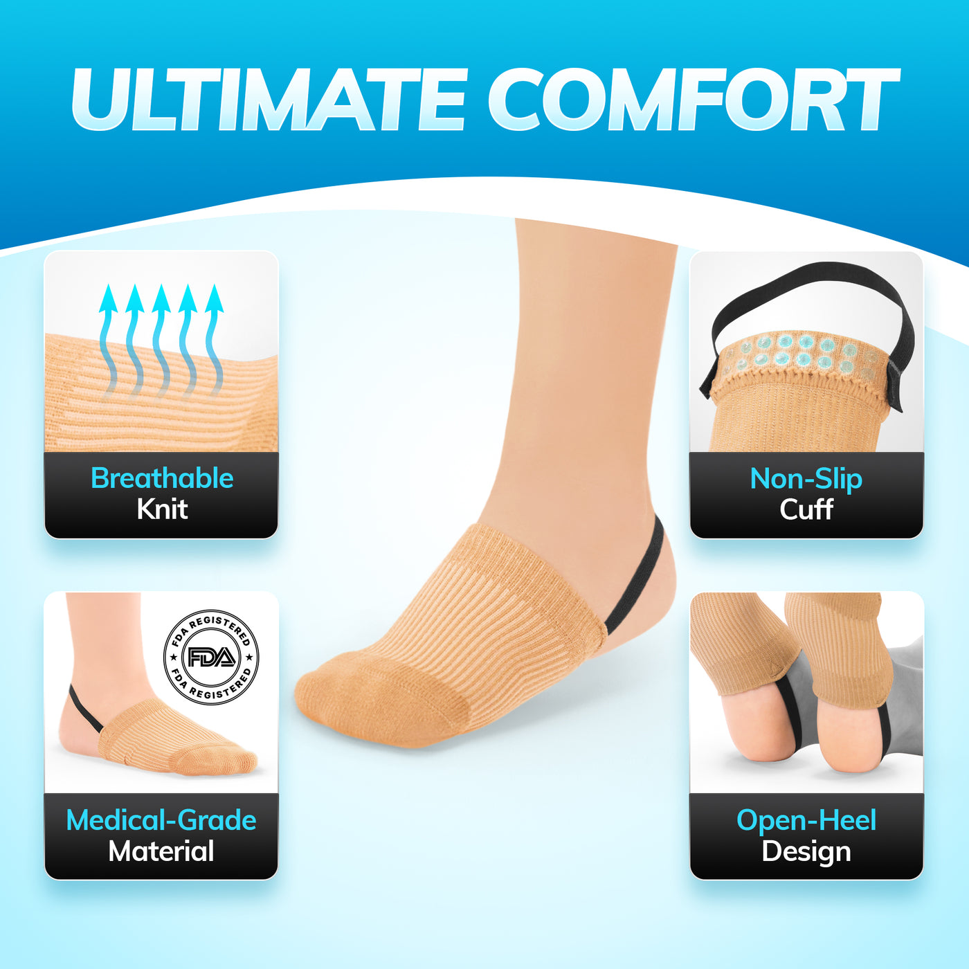 The ultimate toe walking brace, created with breathable knit, a non-slip cuff, and open heal design