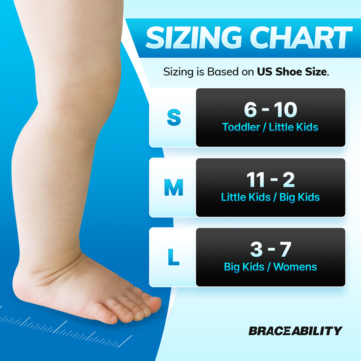 Kids toe walking brace sizing chart for toddlers to womens shoe sizes