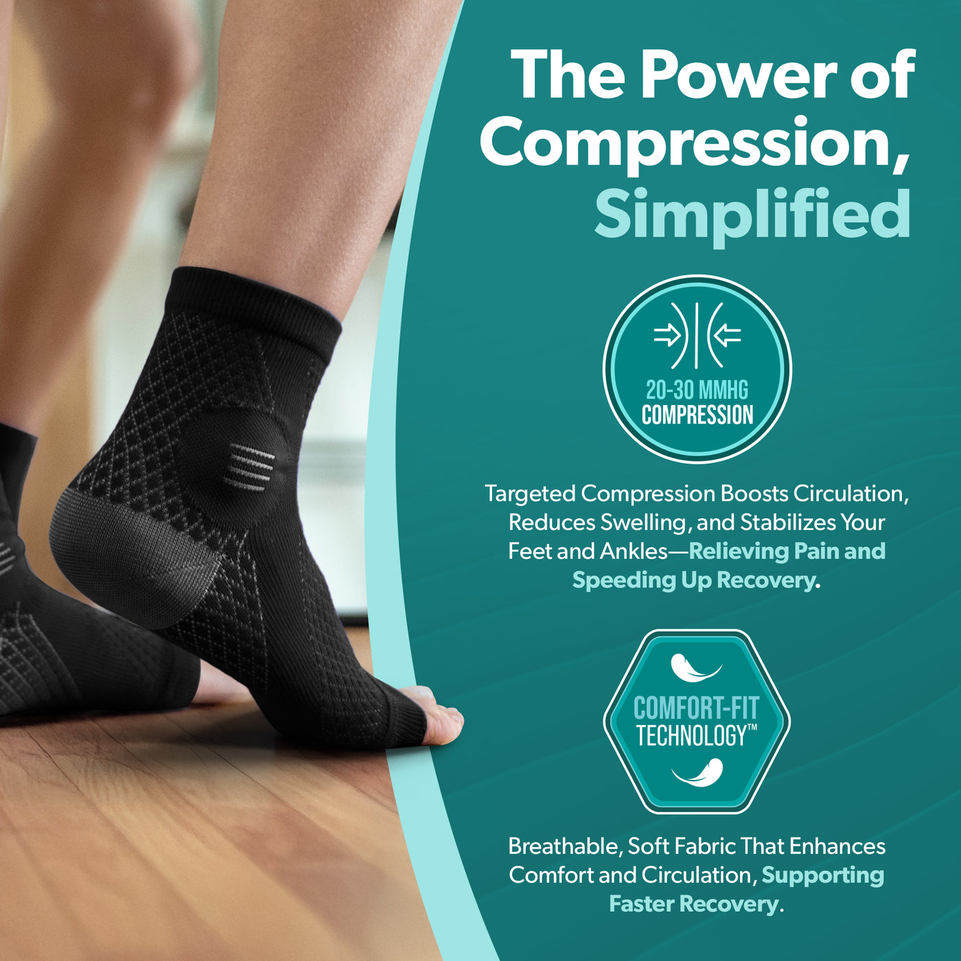 ankle compression sleeve with targeted 20-30 mmhg compression around the foot and ankle