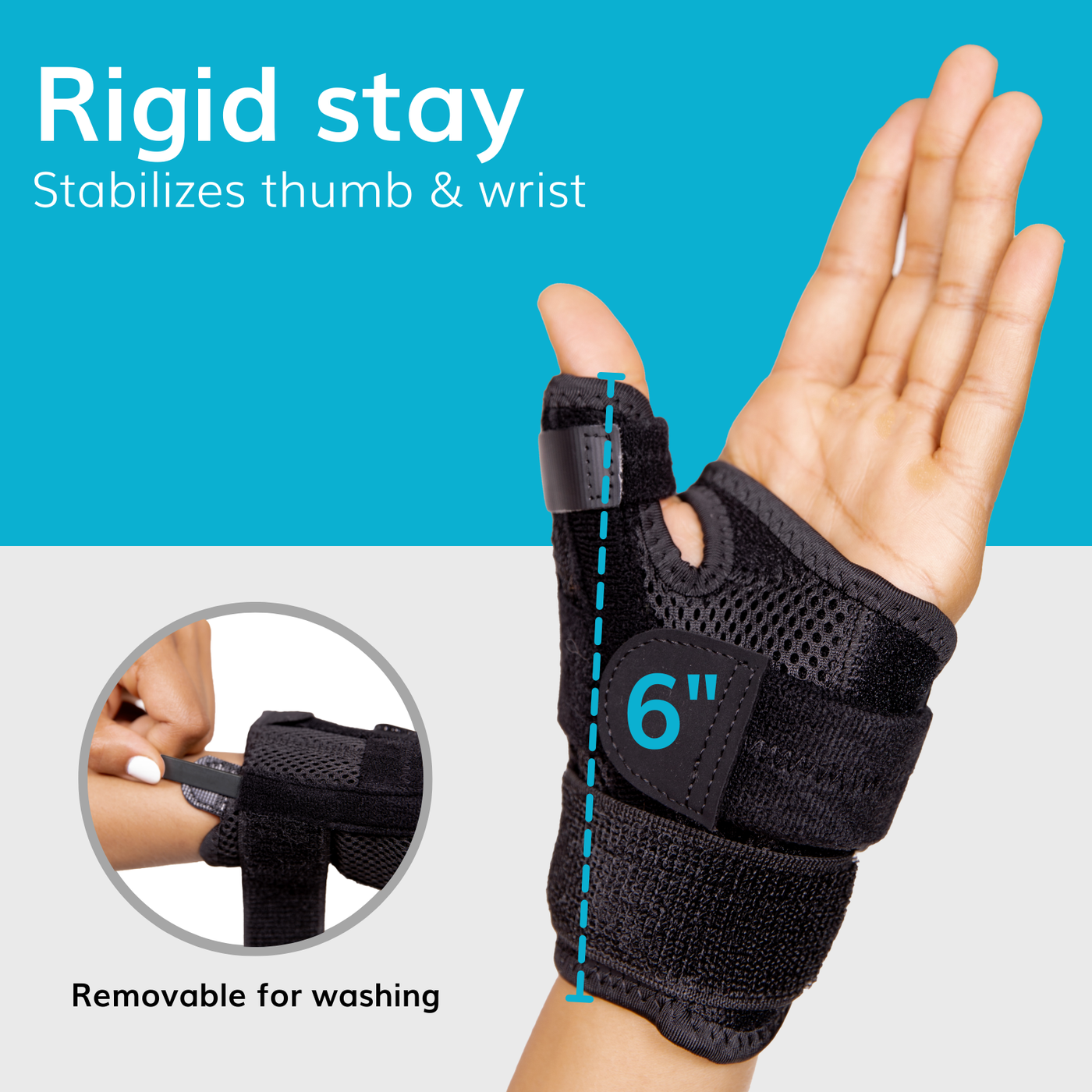 the BraceAbility thumb spica brace has a 6 inch removable plastic stay that stabilizes the wrist and thumb