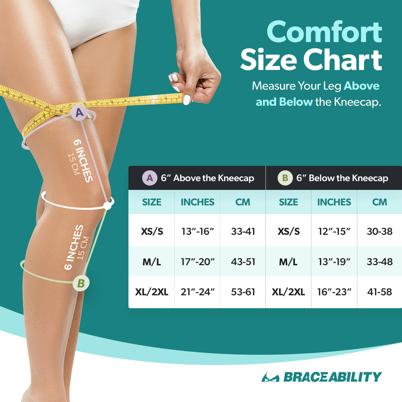 Sizing chart for BraceAbility compression athletic bamboo charcoal knee sleeve. Available in sizes XS-2XL