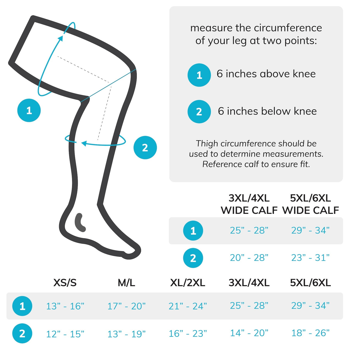 Sizing chart for BraceAbility compression athletic bamboo charcoal knee sleeve. Available in sizes XS-6XL, including wide calf options.